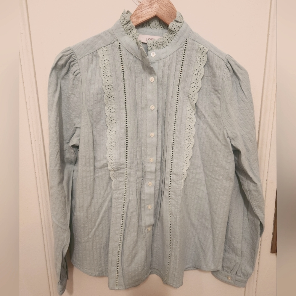 LOFT womens eyelet lace ruffle collar blouse, petite small, NWT, Sage green